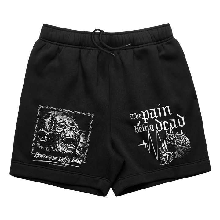 Black sweat shorts with white zombie and skull prints featuring return of the living dead 40th anniversary design from the living dead collection