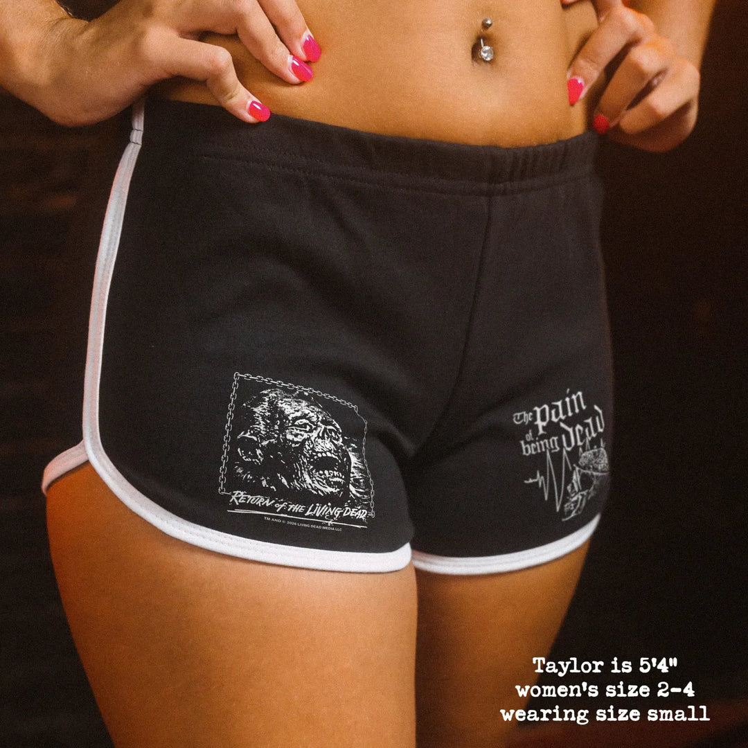 Black rabbit women’s retro sport shorts in black preshrunk cotton with white trim and return of the living dead print