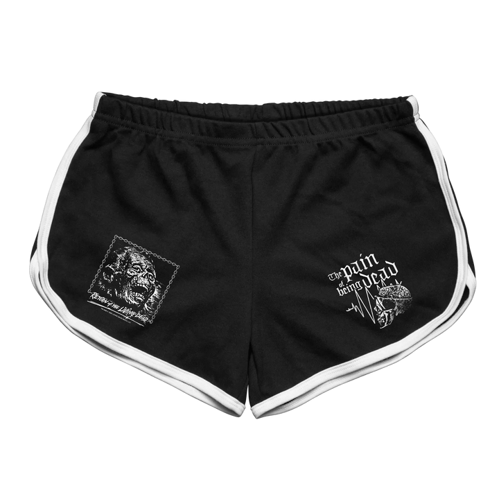 Black rabbit women’s retro sport shorts in preshrunk cotton with white side stripes and embroidered designs on legs