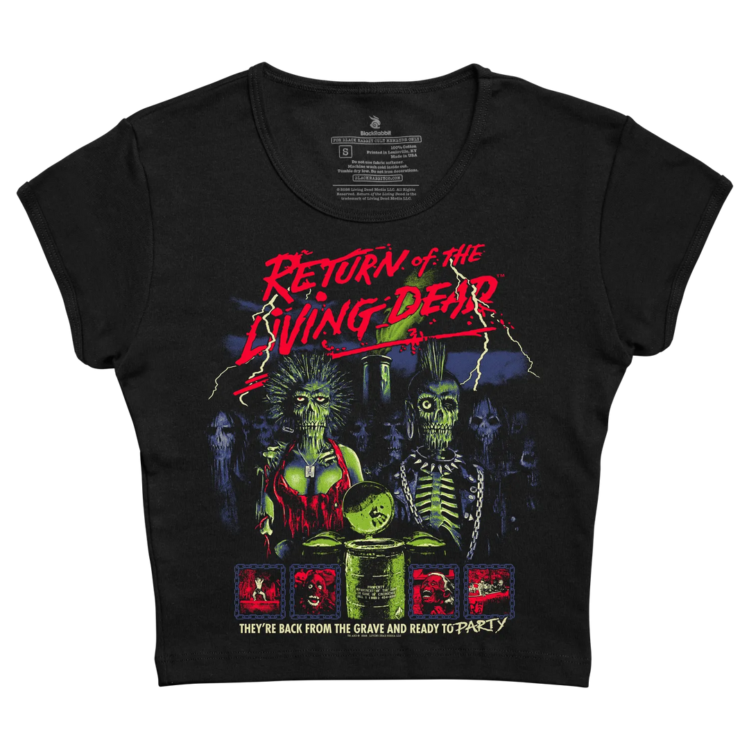 A black women's cropped baby tee featuring the 'Return of the Living Dead' movie print.