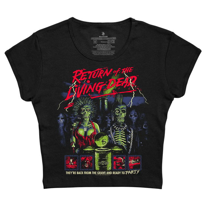 A black women's cropped baby tee featuring the 'Return of the Living Dead' movie print.