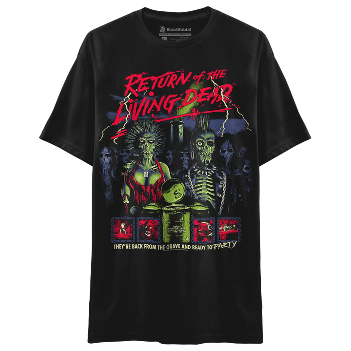 A black short-sleeve graphic t-shirt featuring the 'Return of the Living Dead' movie artwork.