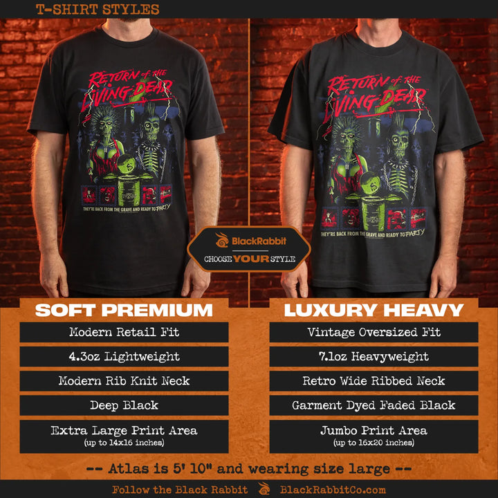 A promotional comparison graphic for two Black Rabbit t-shirt styles, labeled Soft Premium and Luxury Heavy, shown on male models against a brick wall background. The shirts are black with a colorful graphic print featuring a green skull, a skeleton, and red text reading 'Return of the Living Dead.