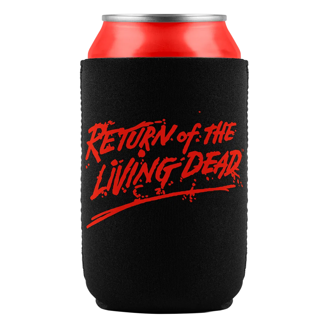Black can koozie with red text.