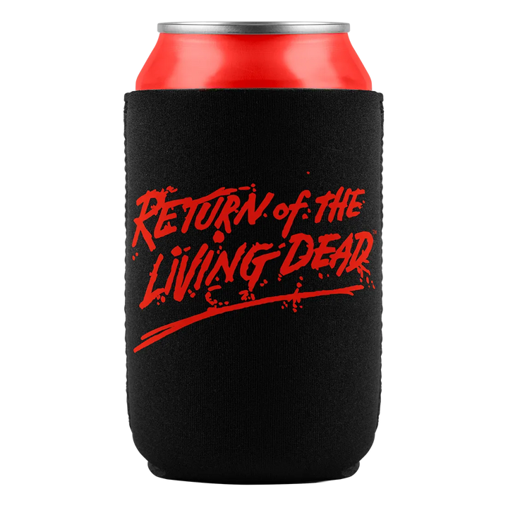 Black can koozie with red text.