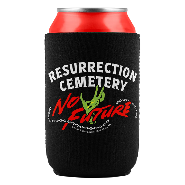 Black can cooler with graphic design.