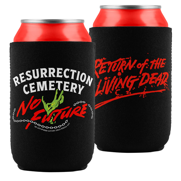 Two black can coolers with red tops.