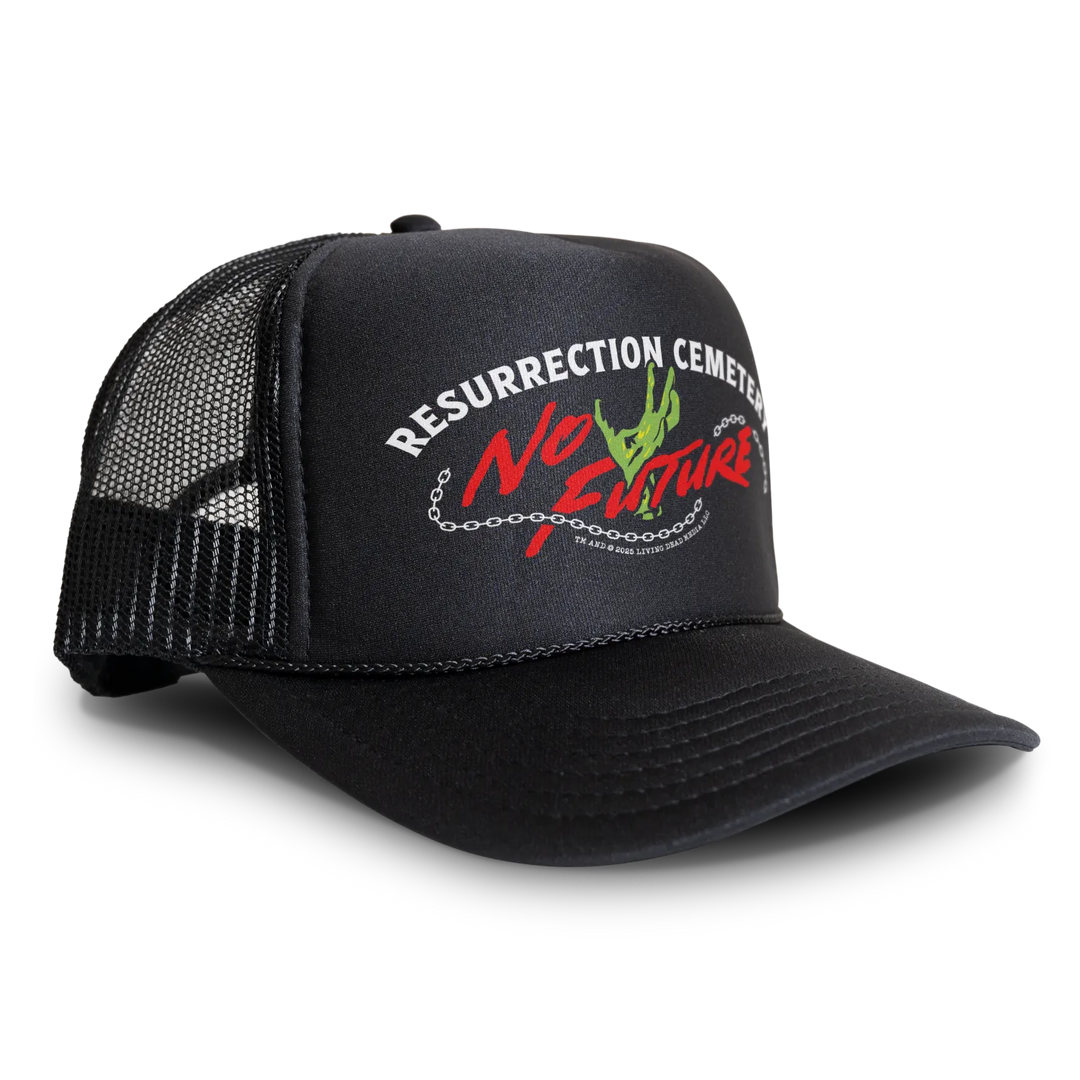 Black trucker hat with graphic.