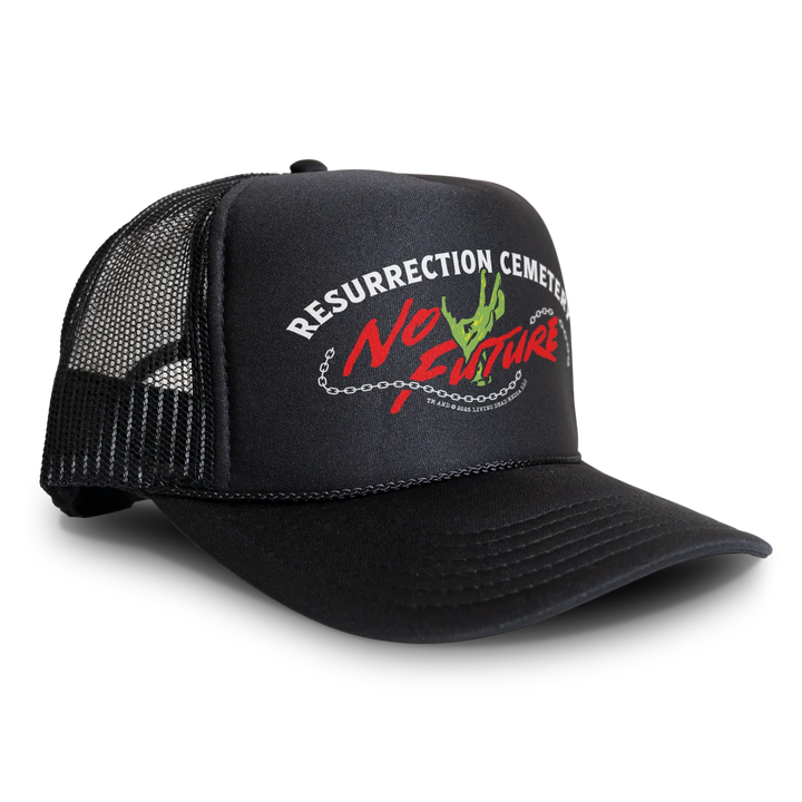 Black trucker hat with graphic.