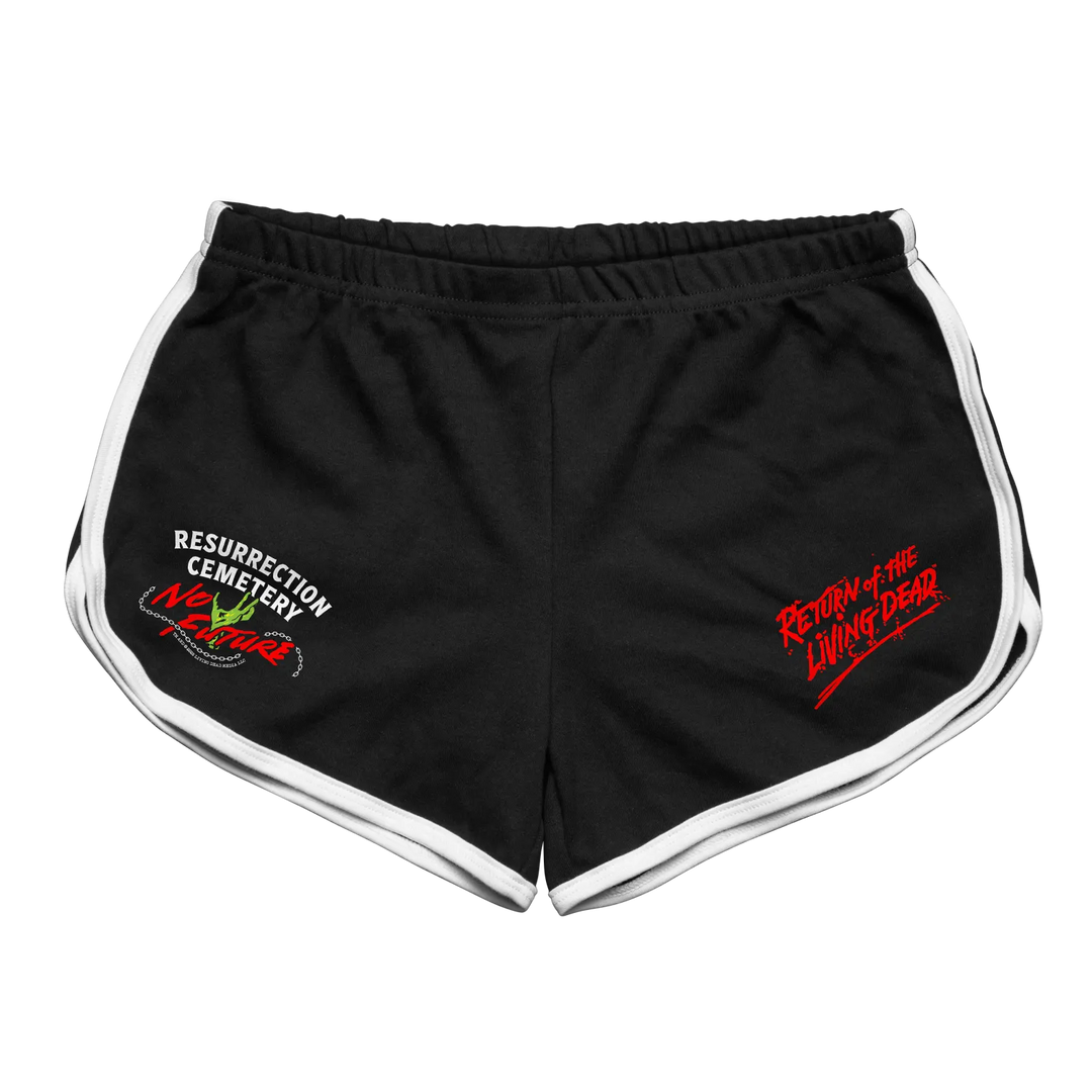 Black rabbit women’s classic running short with white trim and return of the living dead embroidered graphics