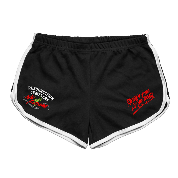 Black rabbit women’s classic running short with white trim and return of the living dead embroidered graphics