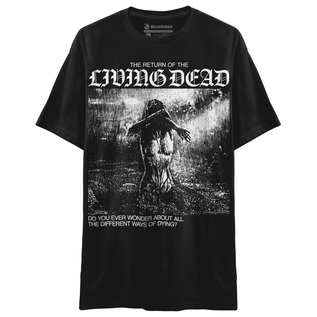 A black short-sleeve crewneck t-shirt featuring a high-contrast black and white graphic print of 'THE RETURN OF THE LIVING DEAD' and 'DO YOU EVER WONDER ABOUT ALL THE DIFFERENT WAYS OF DYING?'. The brand name 'Black Rabbit' is visible on the inner neck label.