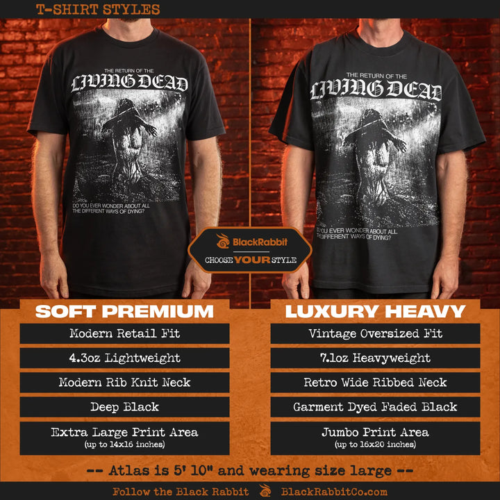A promotional comparison graphic for two black graphic T-shirts from Black Rabbit, labeled Soft Premium and Luxury Heavy, shown on male models against a brick wall background with text detailing fit and print area differences.