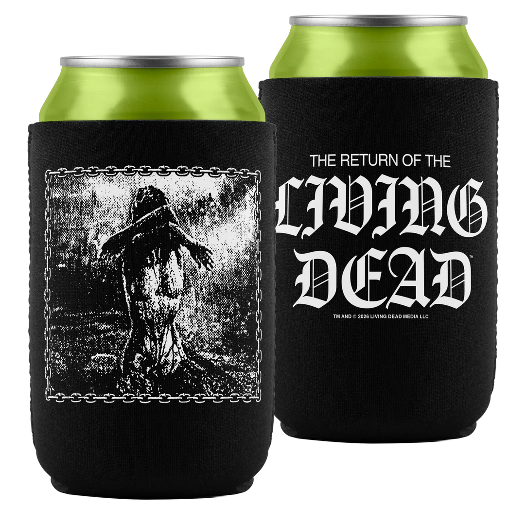 Black neoprene can cooler with distressed figure in chains and white gothic text the return of the living dead for horror movie marathon