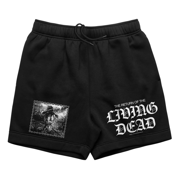 Black return of the living dead officially licensed sweat shorts with white gothic graphic from living dead collection