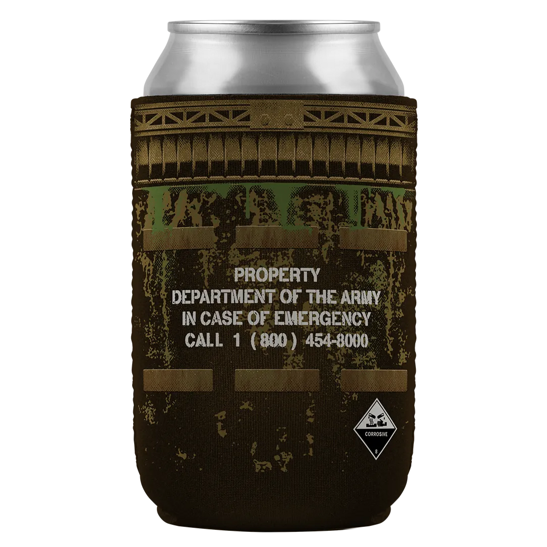 Army-themed beverage can.