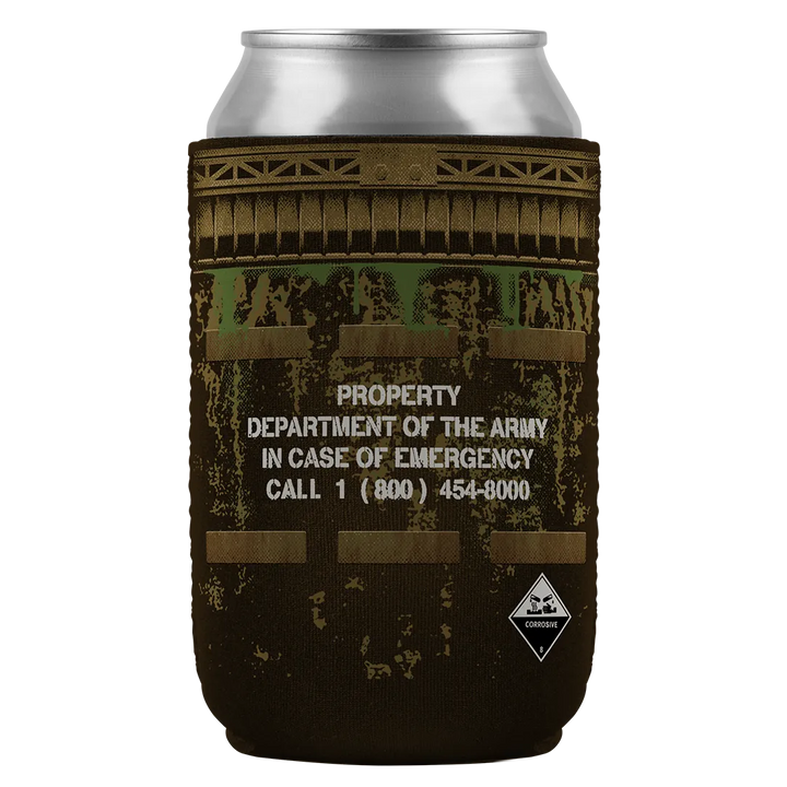 Army-themed beverage can.