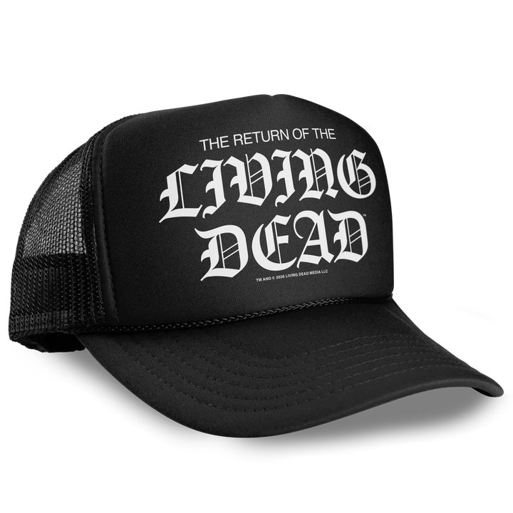 Black foam-front trucker hat with white gothic the return of the living dead graphic officially licensed return