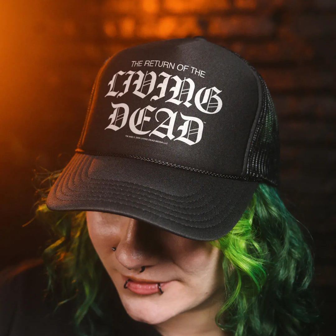 Black foam-front trucker hat with white gothic lettering the return of the living dead classic high-profile mesh officially licensed return living dead media