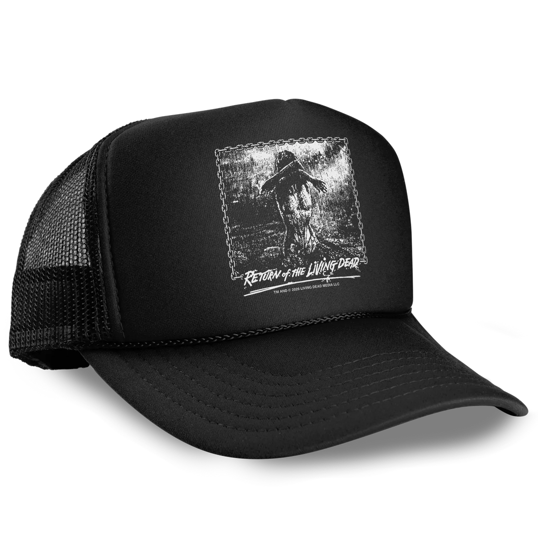 Black trucker hat with distressed living dead hooded figure graphic and return of the living dead text officially licensed