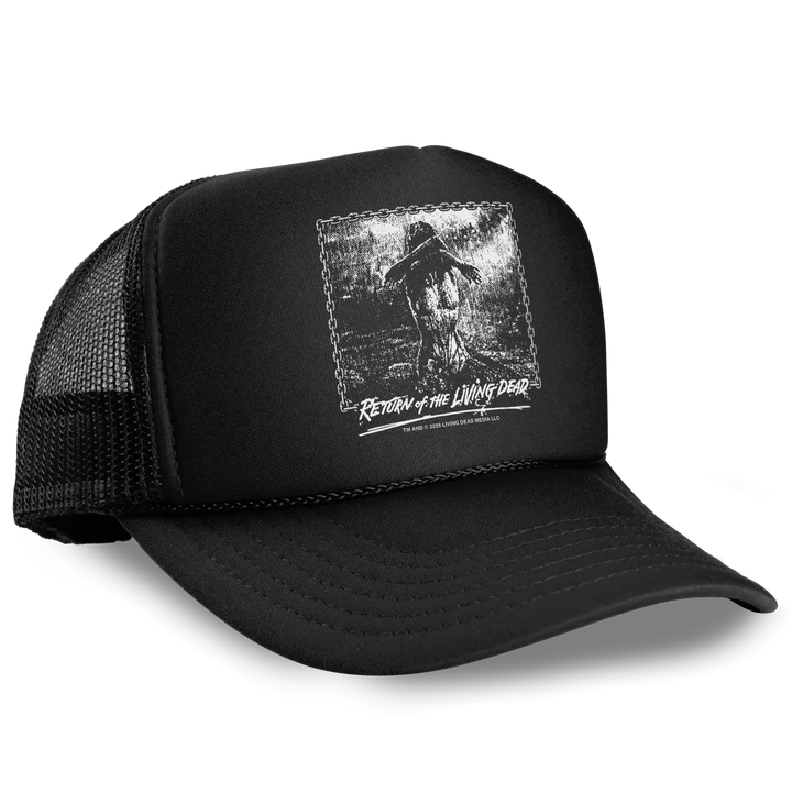 Black trucker hat with distressed living dead hooded figure graphic and return of the living dead text officially licensed