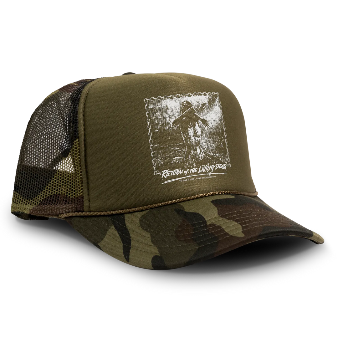 Olive green camouflage trucker hat with black and white living dead graphic officially licensed snapback foam front