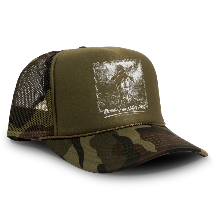 Olive green camouflage trucker hat with black and white living dead graphic officially licensed snapback foam front