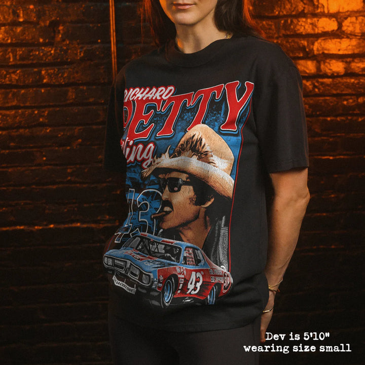 Model wearing heavy tee with richard petty graphic 