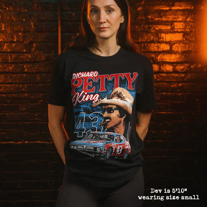 model wear soft premium tee with richard petty graphic

