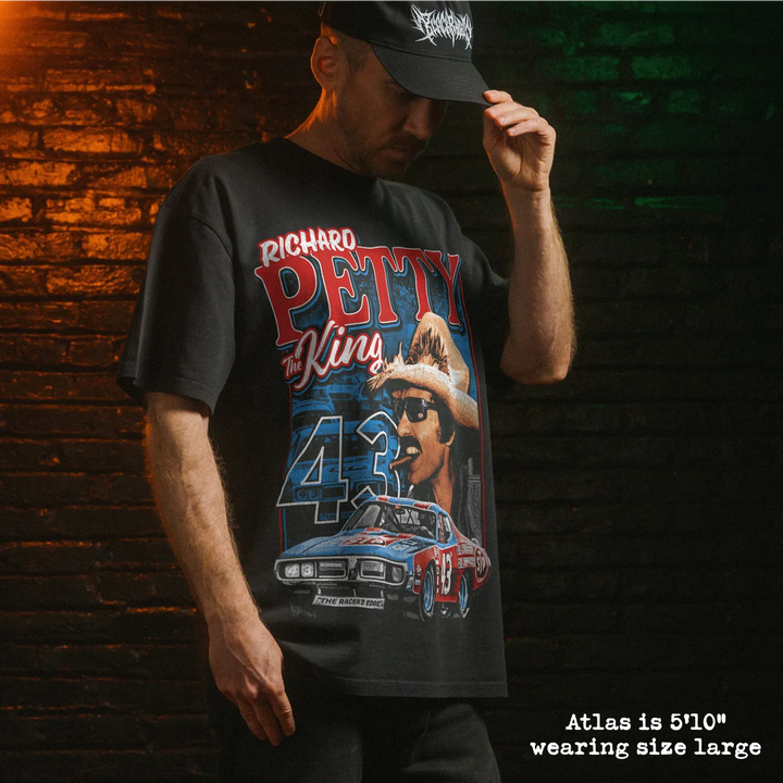 Model wearing heavy tee with richard petty graphic 