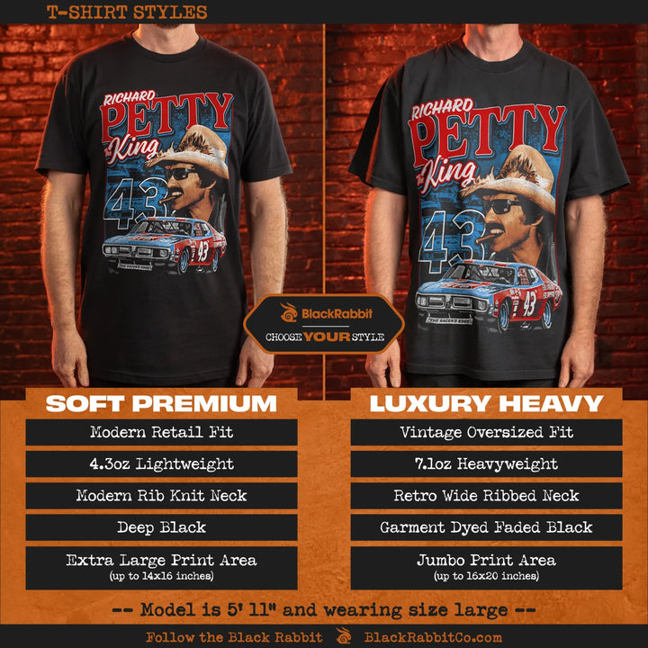Two black t-shirts featuring a graphic of Richard Petty and his racing car, with different styles and fabric weights.