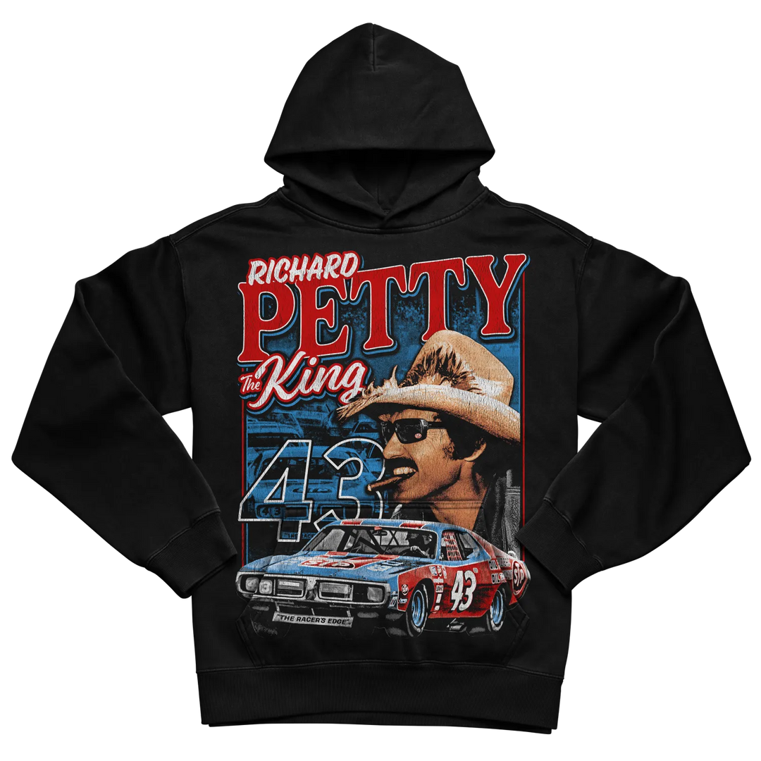 Black hoodie with richard petty design featuring a cowboy hat and race car.