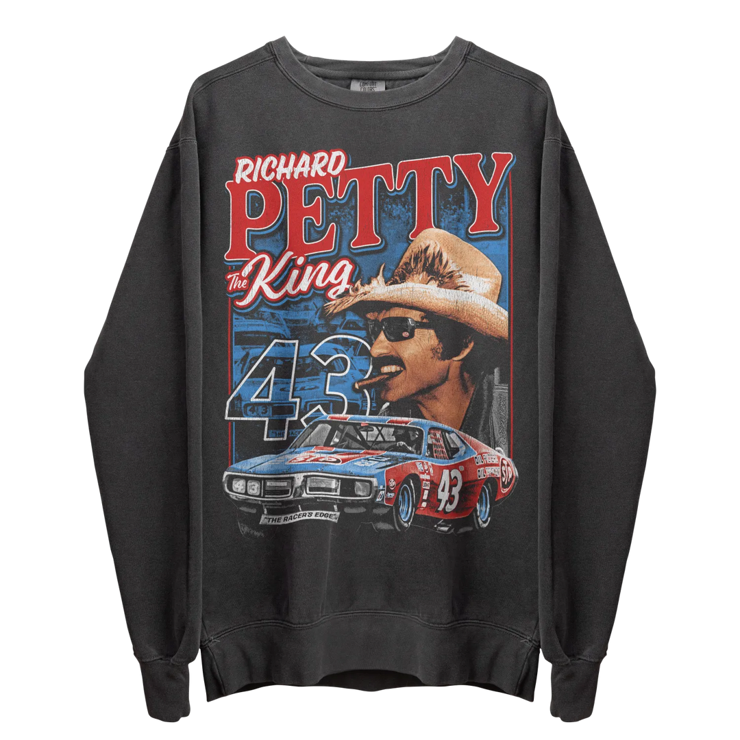 Gray long-sleeved sweatshirt with a vintage-style graphic print of Richard Petty, his racing car, and the number 43.