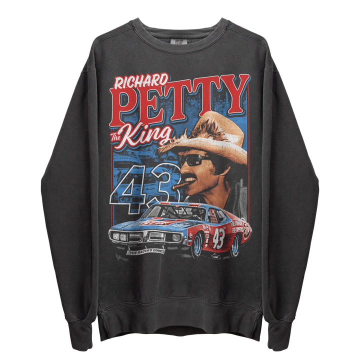 Gray long-sleeved sweatshirt with a vintage-style graphic print of Richard Petty, his racing car, and the number 43.