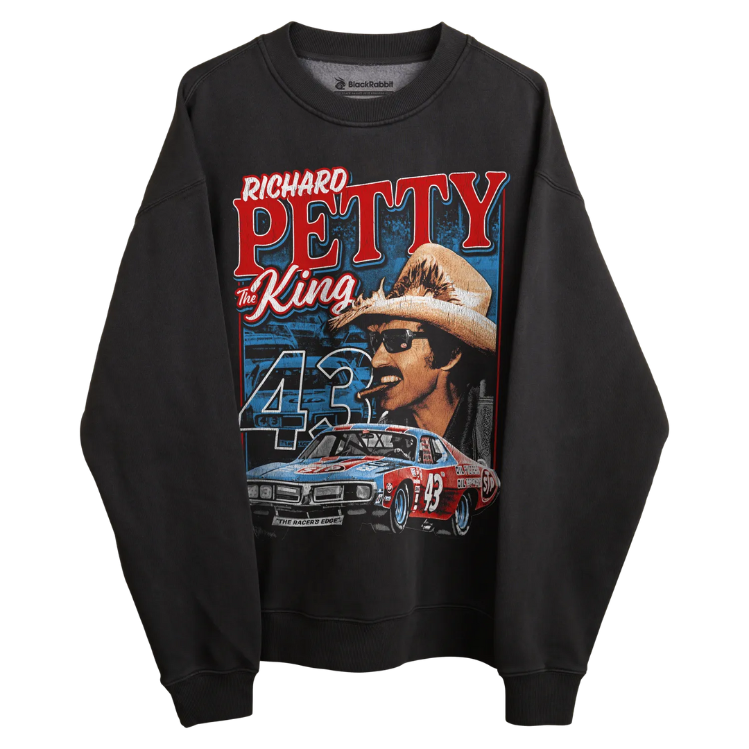 Black crewneck sweatshirt with richard petty design featuring car and number 43, red text.