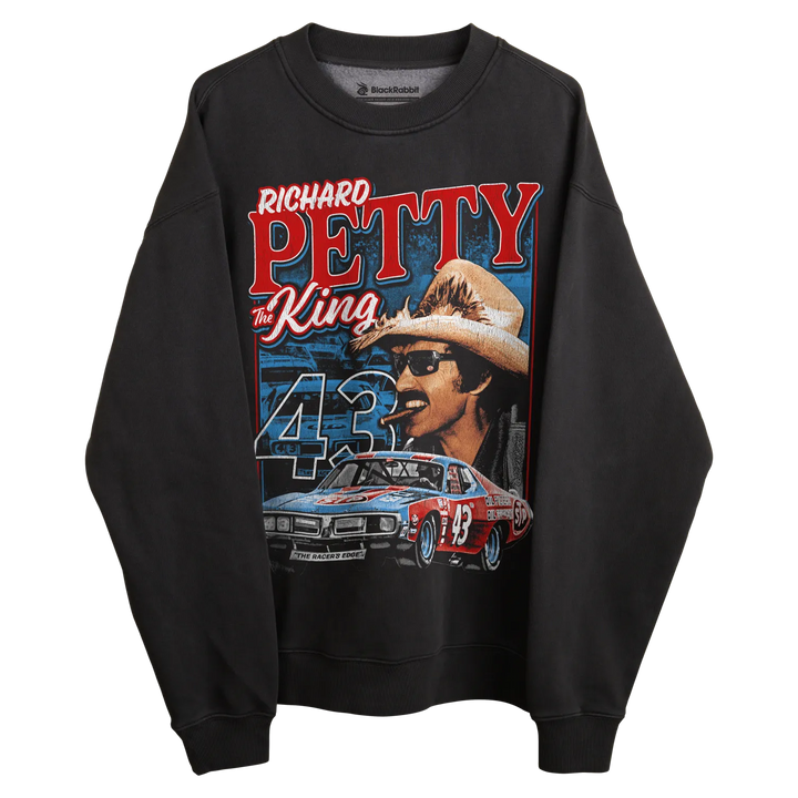 Black crewneck sweatshirt with richard petty design featuring car and number 43, red text.