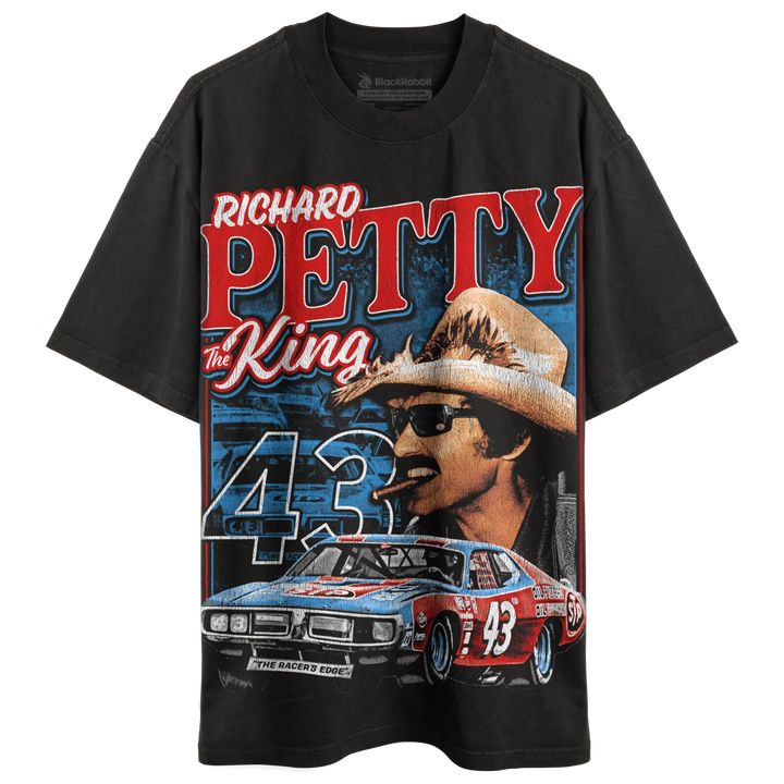 Black t-shirt with a graphic print of Richard Petty, his car, and the number 43.