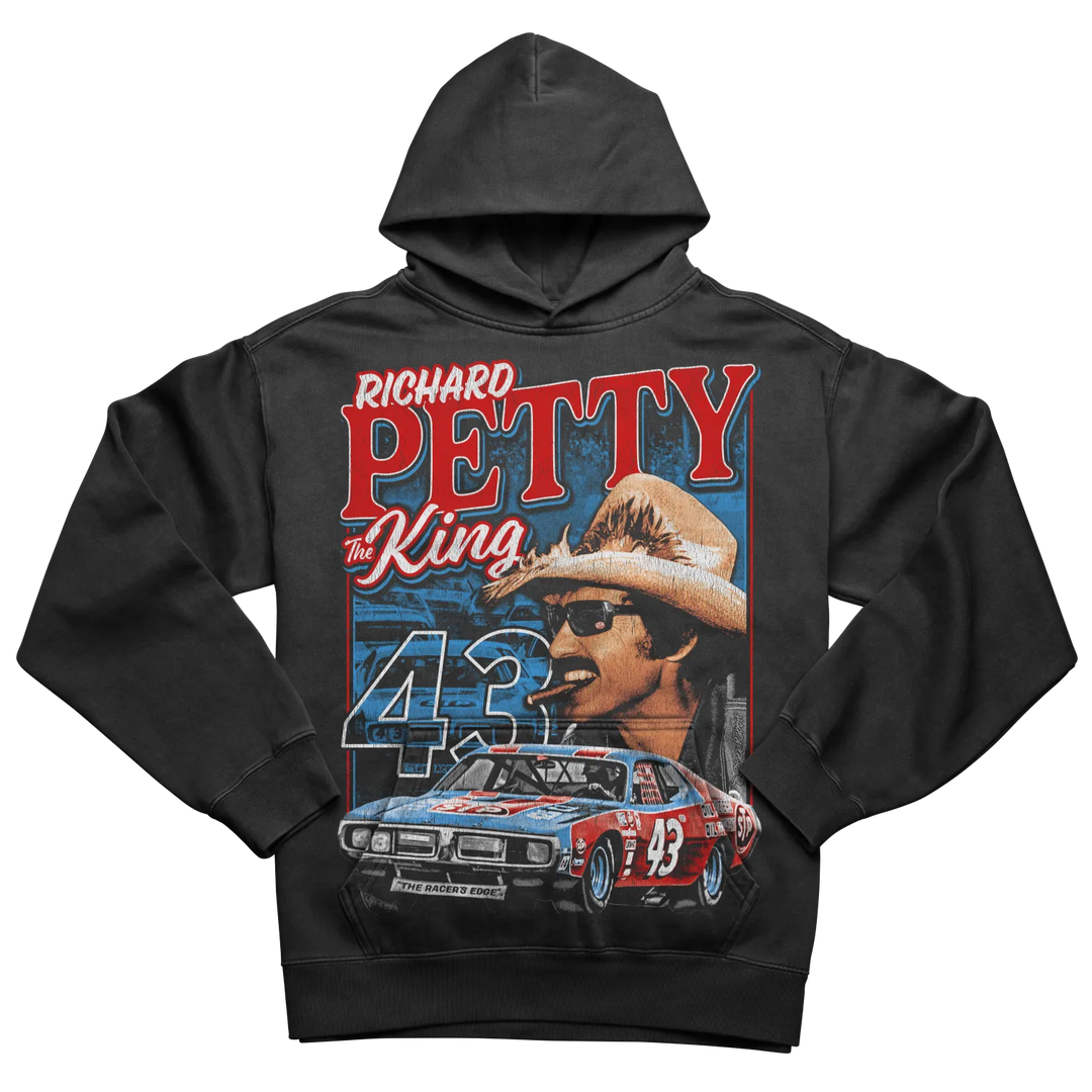 Black hooded sweatshirt with a graphic print of Richard Petty and his race car.