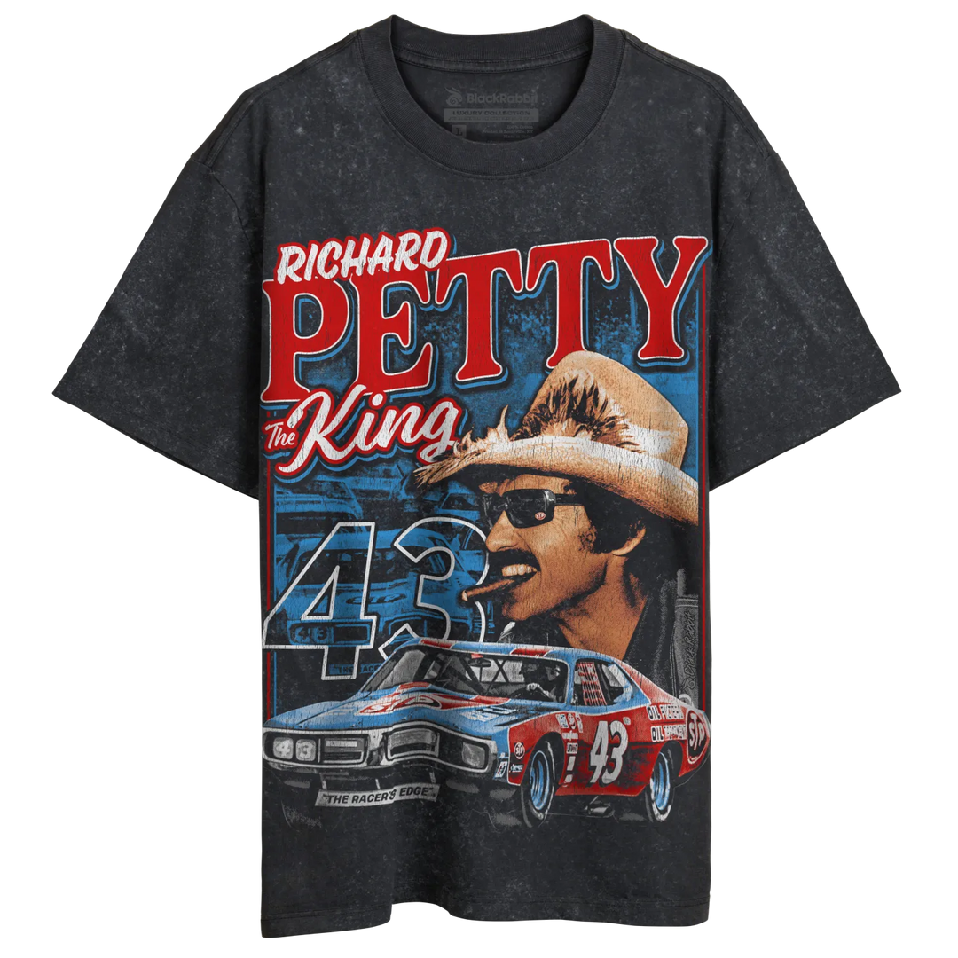 Distressed dark gray t-shirt with a vintage-style graphic of Richard Petty, his race car, and the number 43.