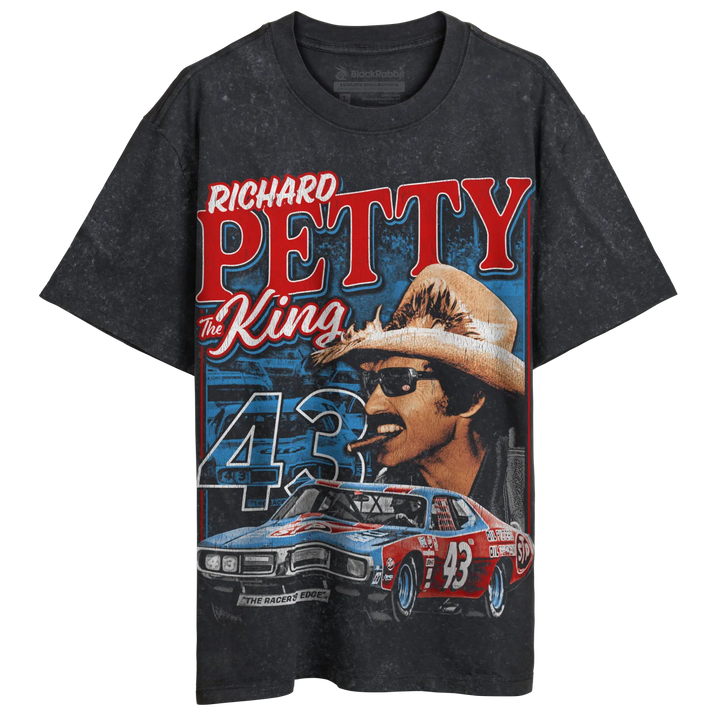 Distressed dark gray t-shirt with a vintage-style graphic of Richard Petty, his race car, and the number 43.