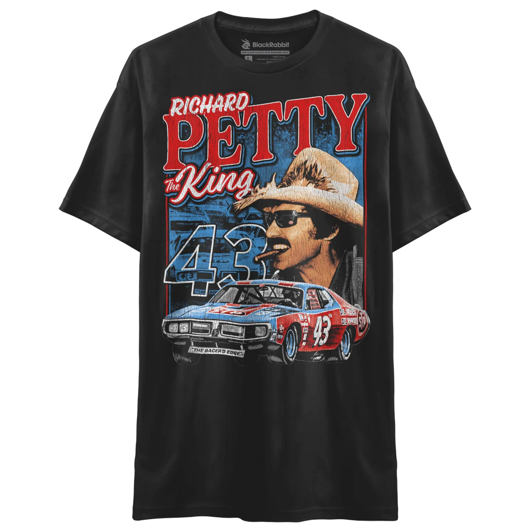 Black crew-neck t-shirt with a graphic print of Richard Petty and his race car.