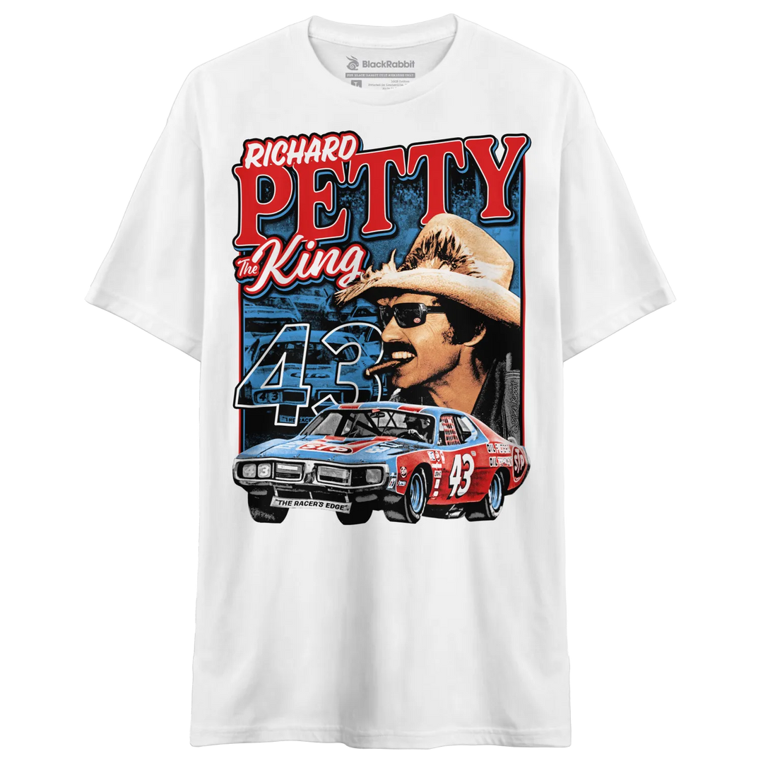 White short-sleeved t-shirt with a vintage graphic of Richard Petty and his race car.