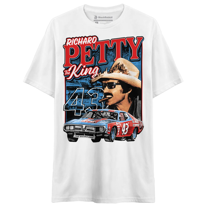 White short-sleeved t-shirt with a vintage graphic of Richard Petty and his race car.