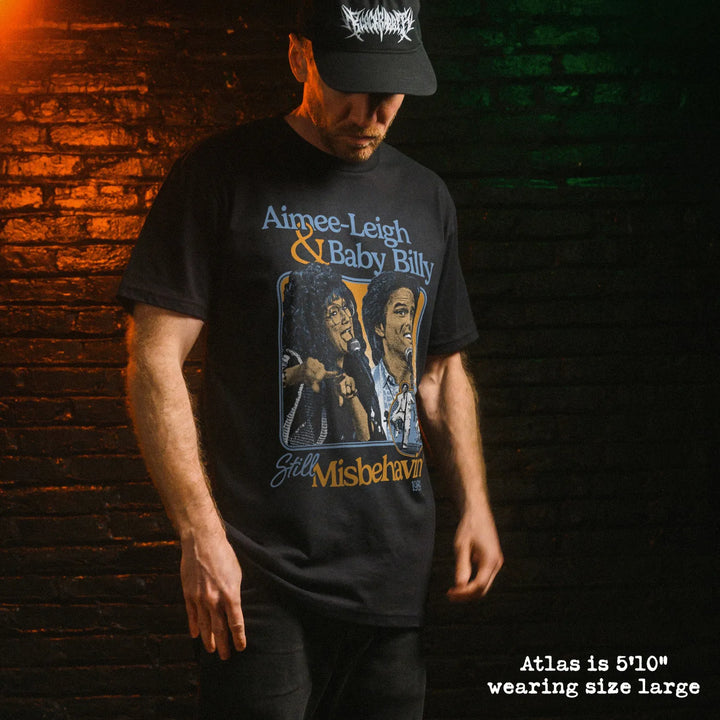 Male model wear soft premium tee with misbehavin graphic
