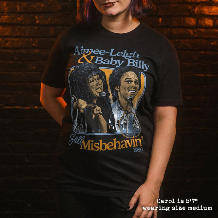 model wear soft premium tee with misbehavin graphic

