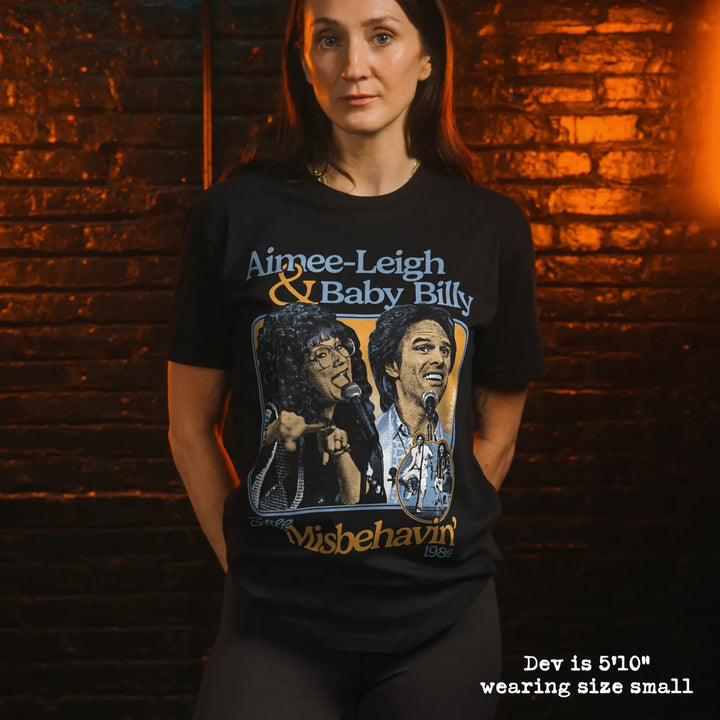 model wear soft premium tee with misbehavin graphic
