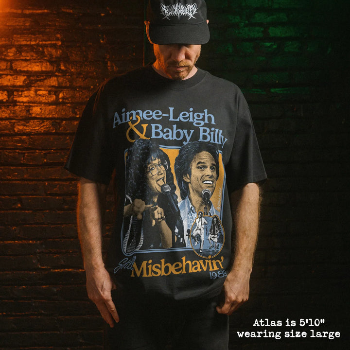 Model wearing heavy tee with misbehavin graphic 