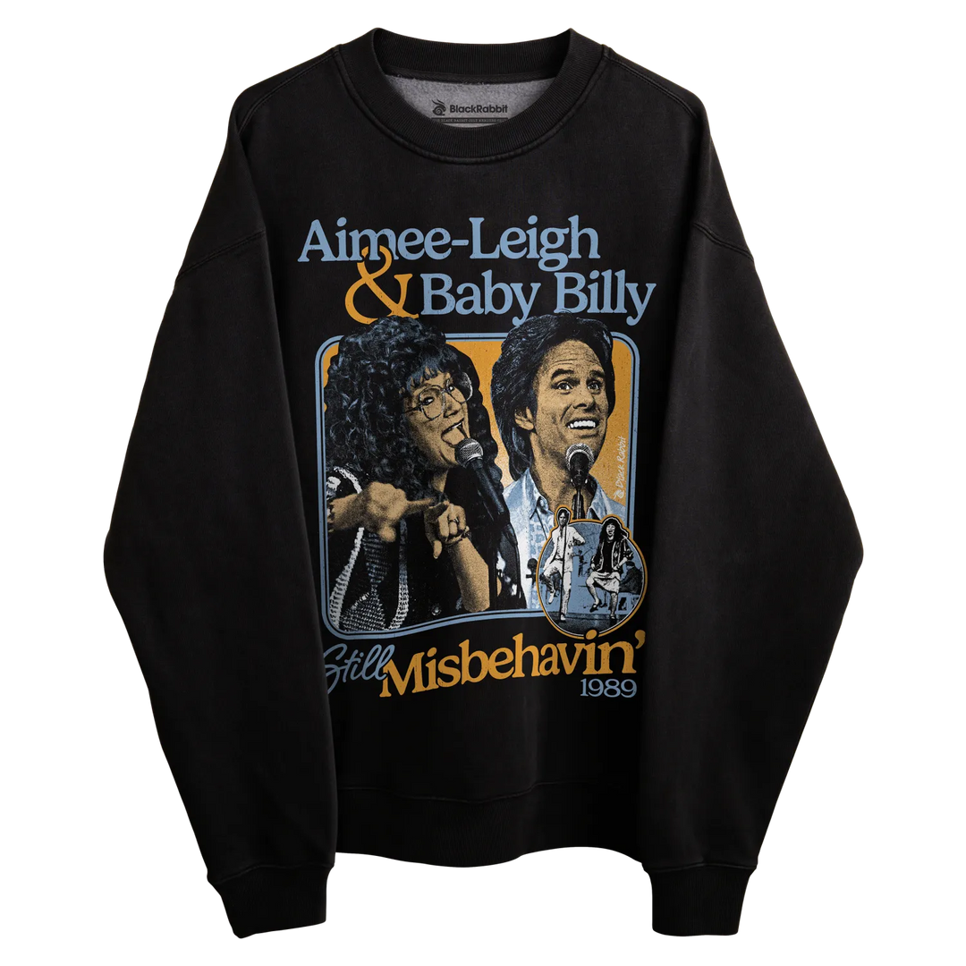 1980s black sweatshirt featuring aimee-leigh and baby billy misbehavin’ 1989 design.