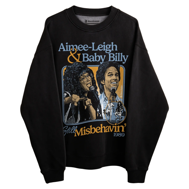 1980s black sweatshirt featuring aimee-leigh and baby billy misbehavin’ 1989 design.