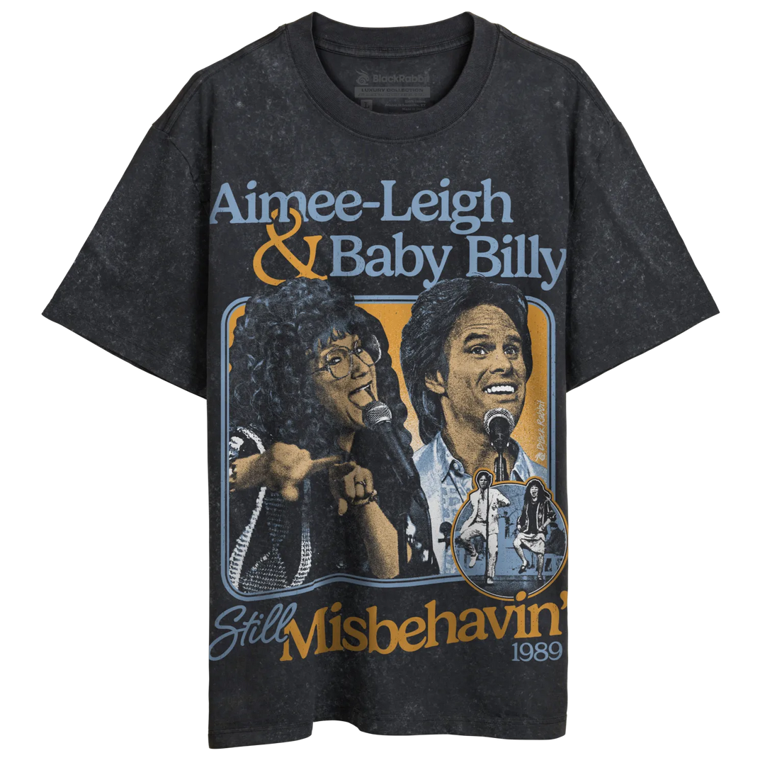 Dark gray graphic t-shirt with a vintage-style print featuring two people with microphones.